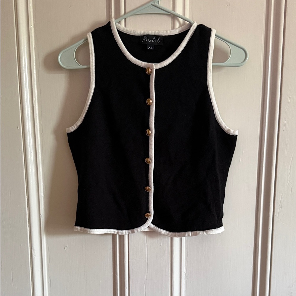 Marled Black White Trim Gold Button Front Vest Sweater XS
